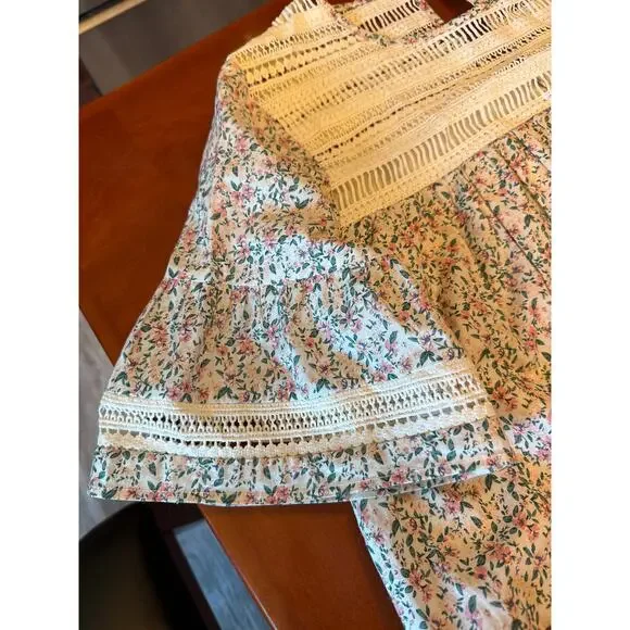 English Factory Floral Lace Trim Shift Babydoll Mini Dress Bell Sleeves Size XS - Picture 7 of 9